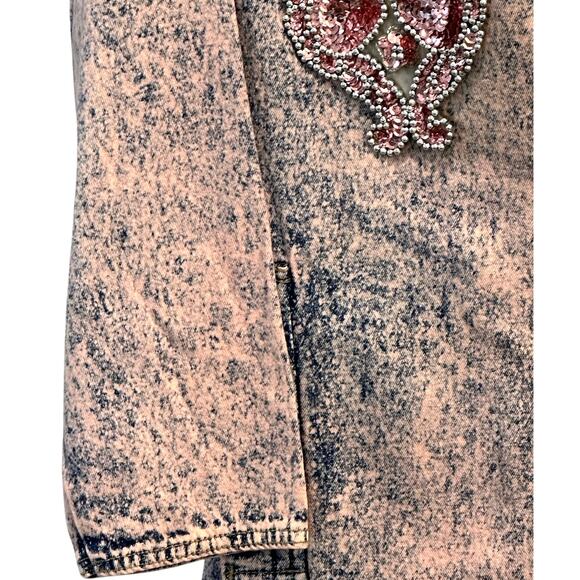 Designs USA Vintage Acid Washed Long Embellished Bejeweled Pink Denim Duster - Picture 8 of 16
